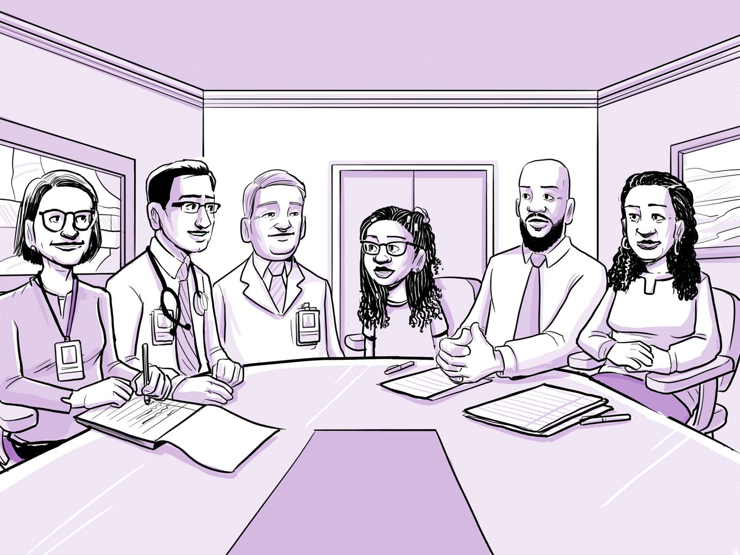 En una sala de reuniones, el equipo médico habla con Nia y su familia.