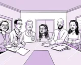En una sala de reuniones, el equipo médico habla con Nia y su familia.