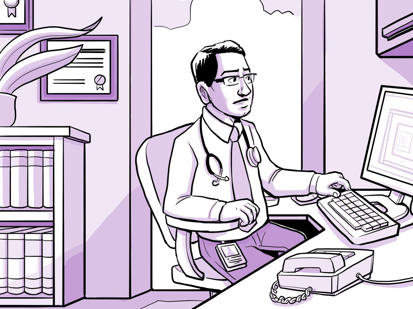 El médico de Nia, en su consultorio, trabajando en la computadora.