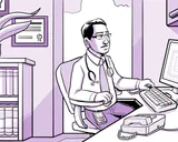 El médico de Nia, en su consultorio, trabajando en la computadora.