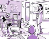 Nia da clases de música en una escuela primaria.