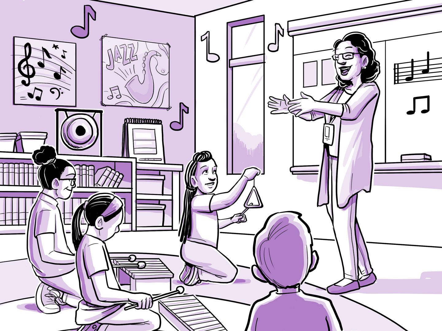 Nia da clases de música en una escuela primaria.