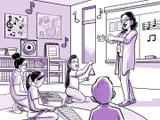 Nia da clases de música en una escuela primaria.