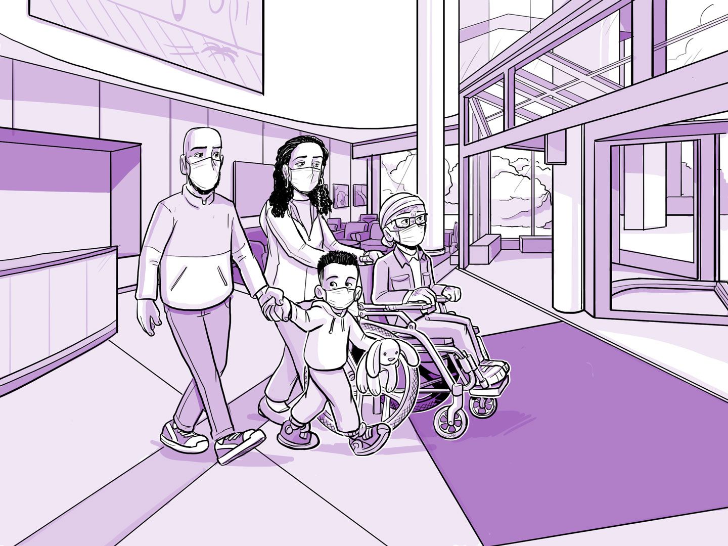 Nia y su familia salen del hospital.