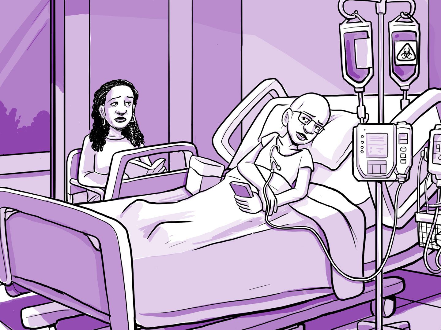 Nia en una cama de hospital con una vía intravenosa.