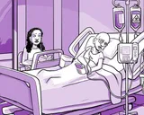 Nia en una cama de hospital con una vía intravenosa.