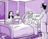 Nia en una cama de hospital hablando con el médico.