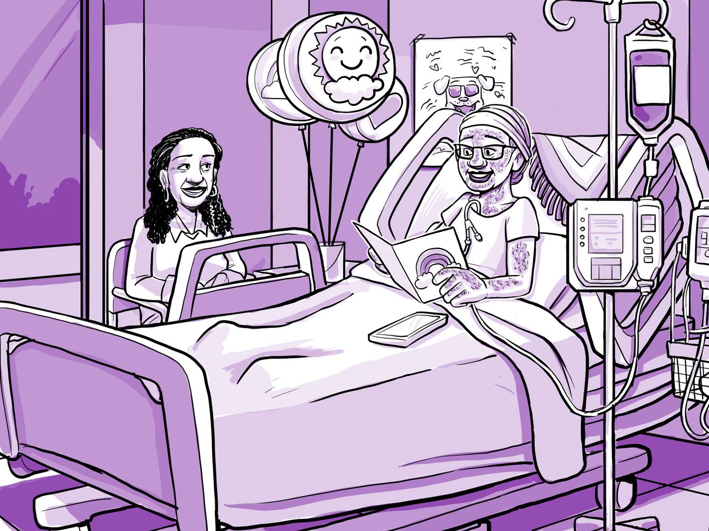 Nia sentada en la cama del hospital, sintiéndose mejor.
