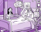 Nia sentada en la cama del hospital, sintiéndose mejor.