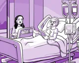 Nia en una cama de hospital con una vía intravenosa.