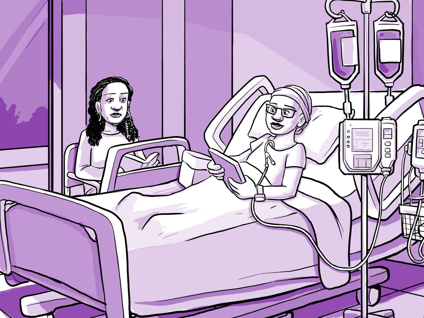 Nia in a hospital bed with an IV.