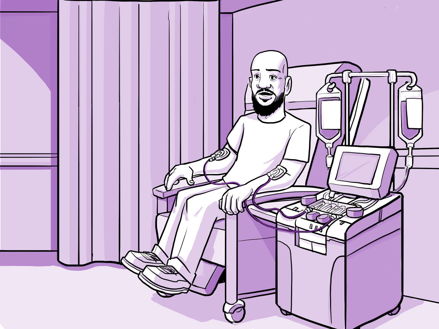 El padre de Nia sentado en una silla con una máquina para extraer células hematopoyéticas.