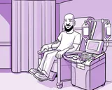 El padre de Nia sentado en una silla con una máquina para extraer células hematopoyéticas.