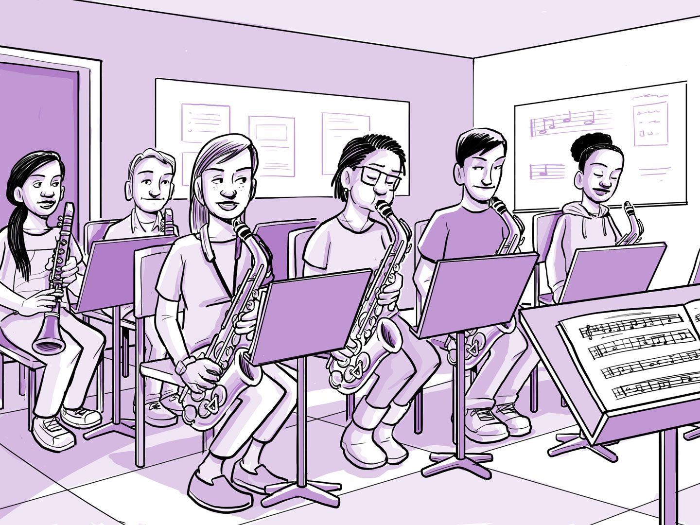 Nia toca el saxofón en el ensayo de la banda de jazz del colegio.