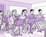 Nia toca el saxofón en el ensayo de la banda de jazz del colegio.