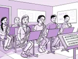 Nia toca el saxofón en el ensayo de la banda de jazz del colegio.