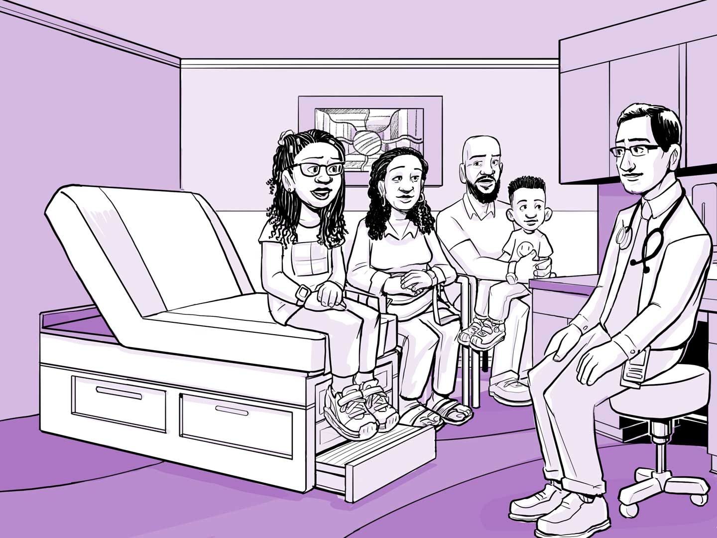 Nia y su familia hablan con el médico en la consulta.