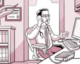 El médico de Nia en su consultorio hablando por teléfono.