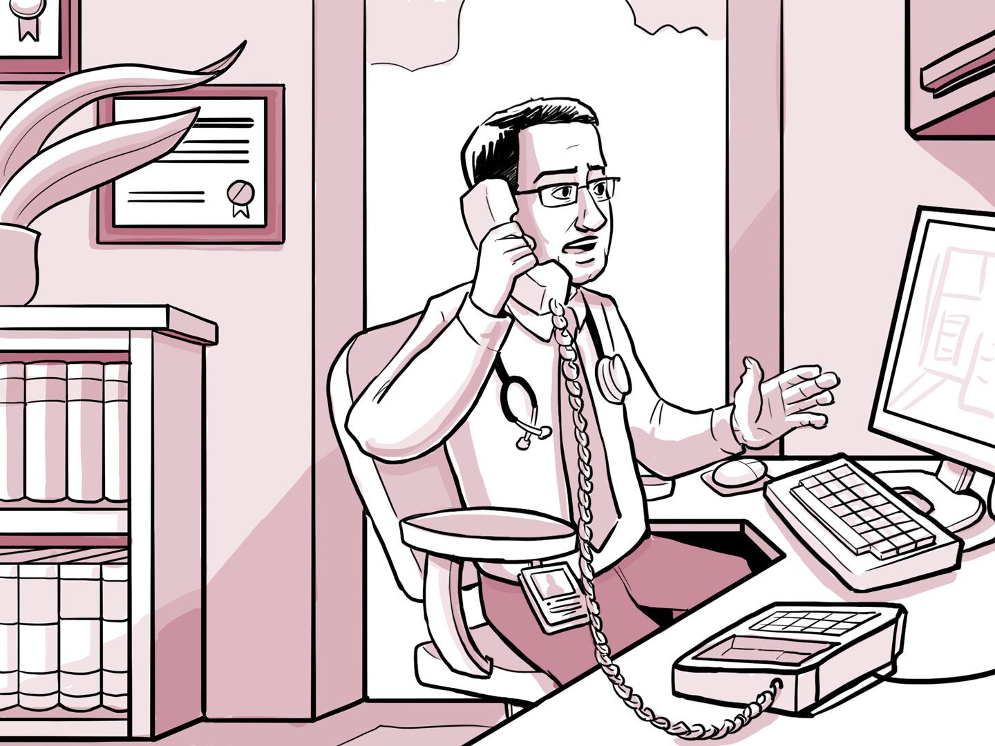 El médico de Nia en su consultorio hablando por teléfono.