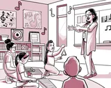 Nia da clases de música en una escuela primaria.