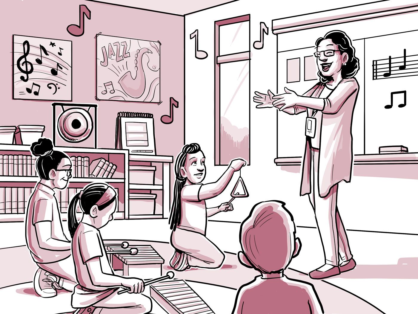 Nia da clases de música en una escuela primaria.