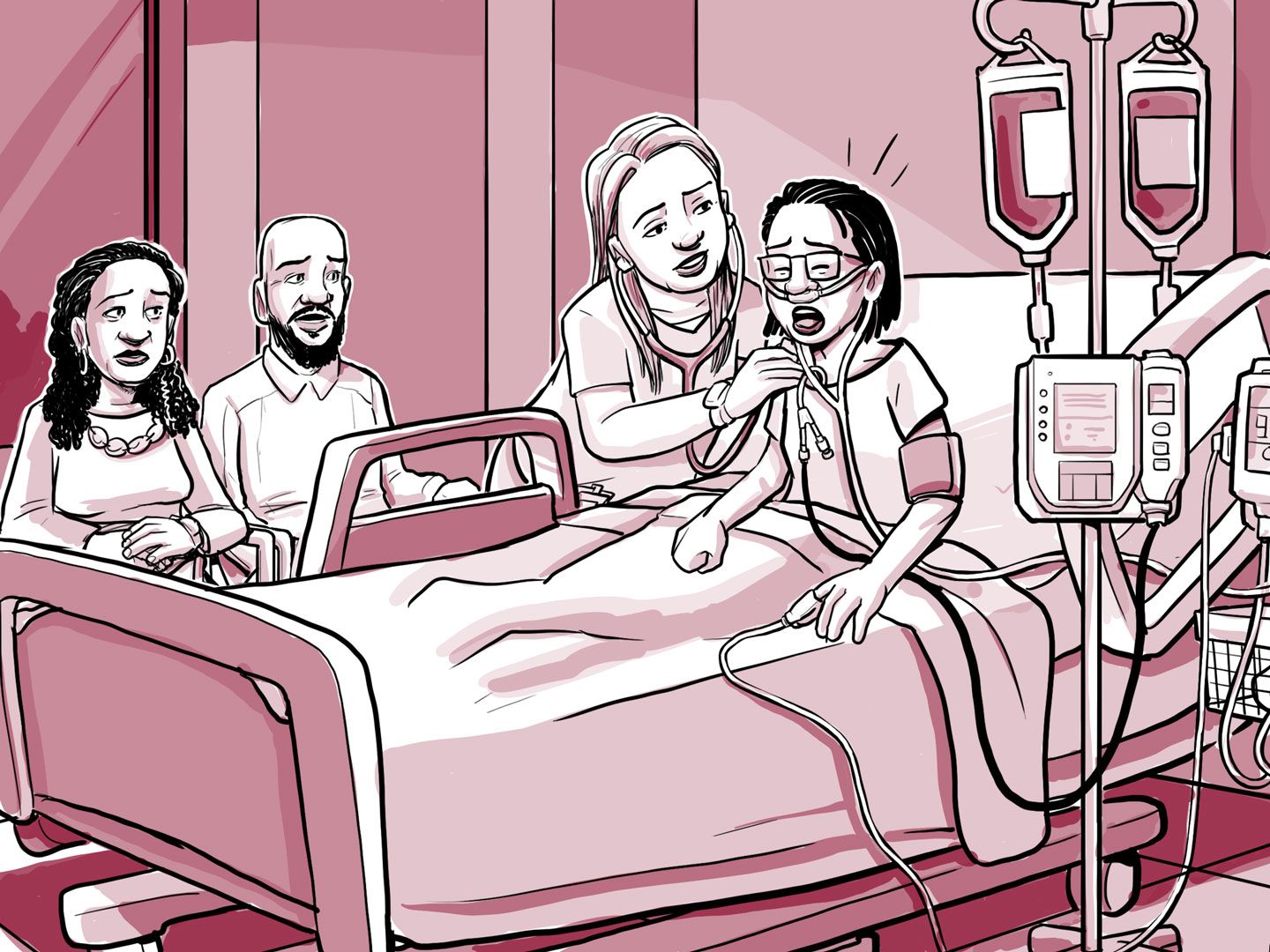 Nia en el hospital recibiendo tratamiento por un síndrome torácico agudo.