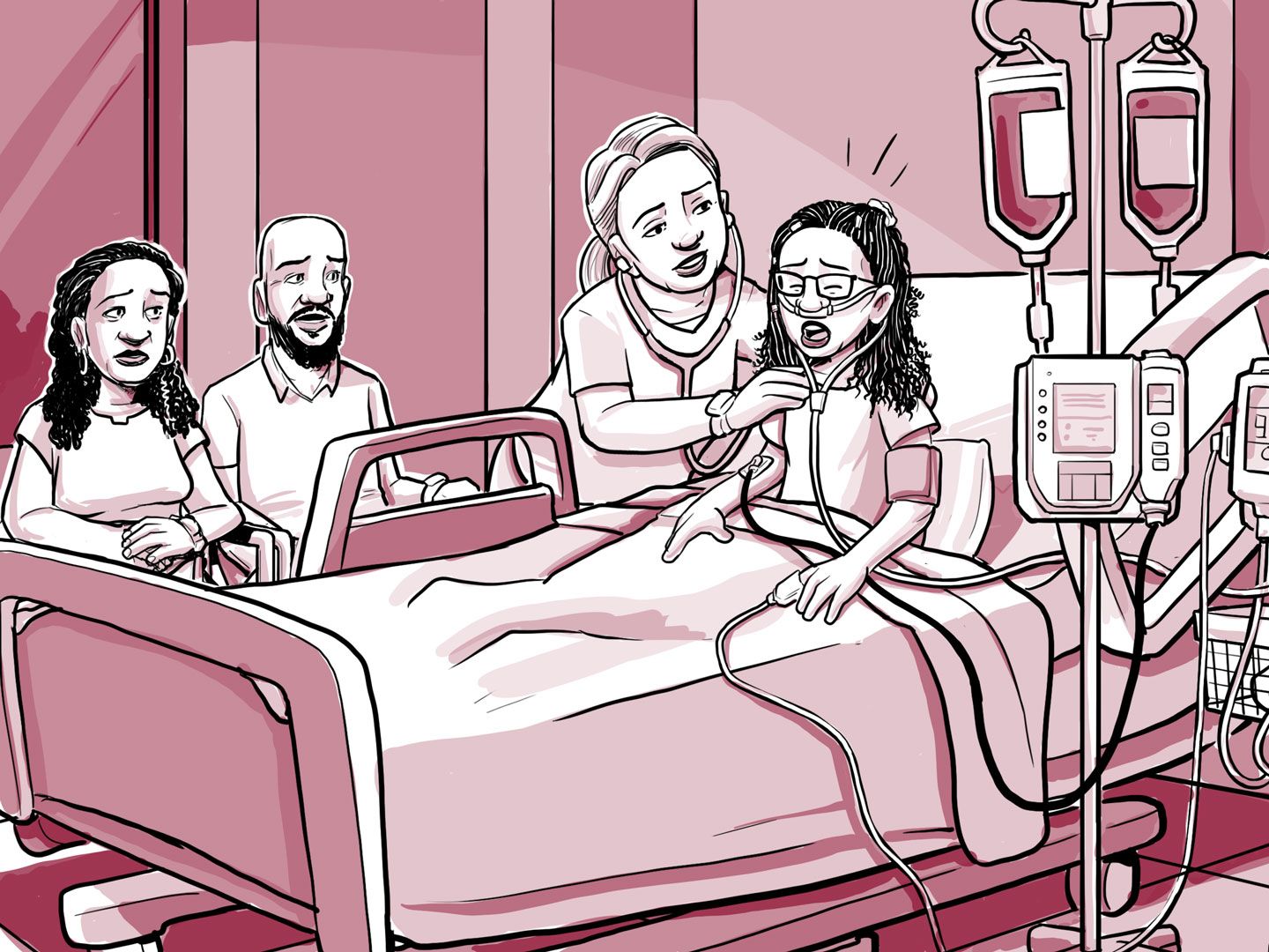 Nia en el hospital recibiendo tratamiento por un síndrome torácico agudo.