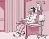 Nia sentada en una silla en el centro de infusión.
