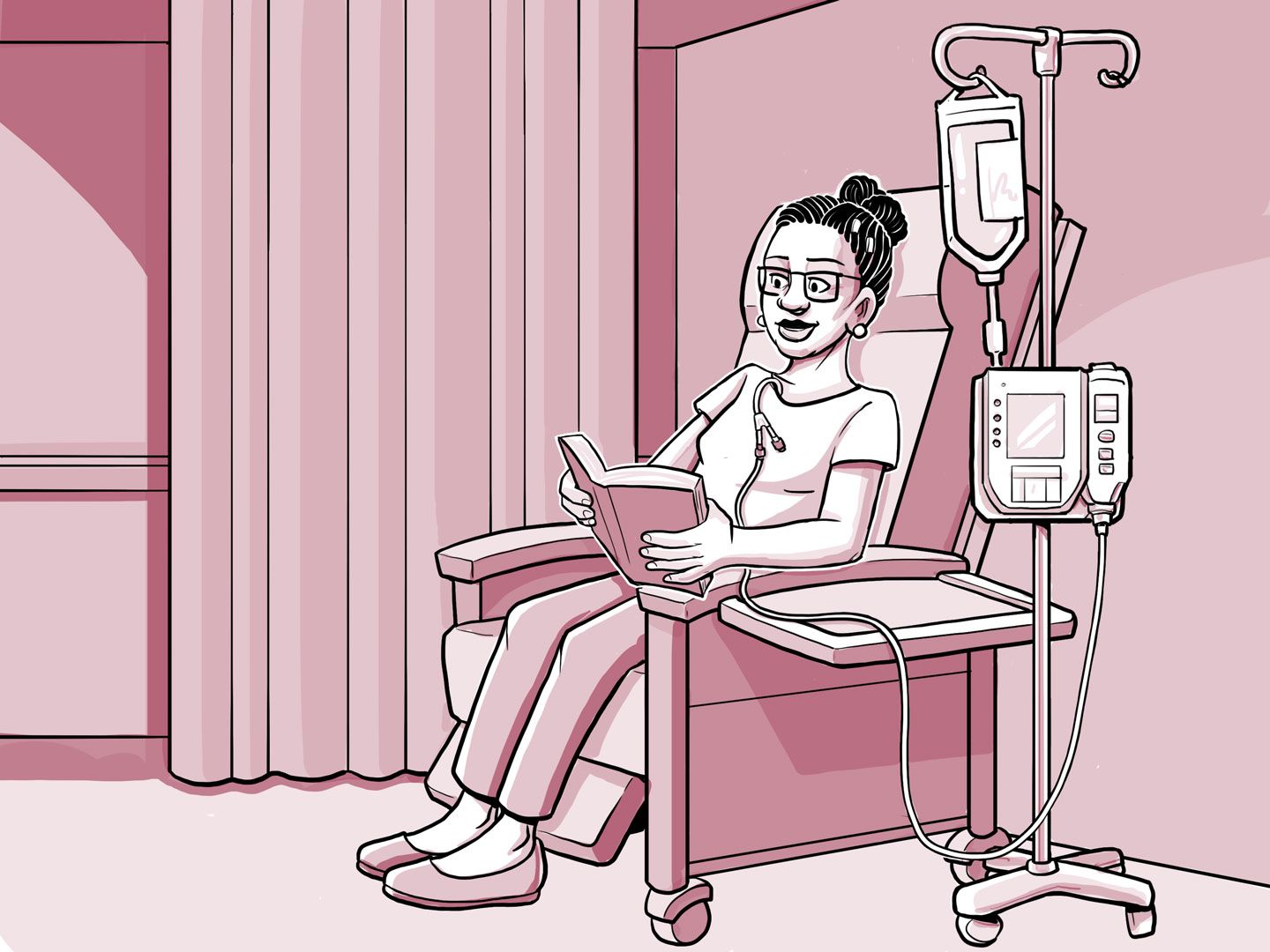 Nia sentada en una silla en el centro de infusión.