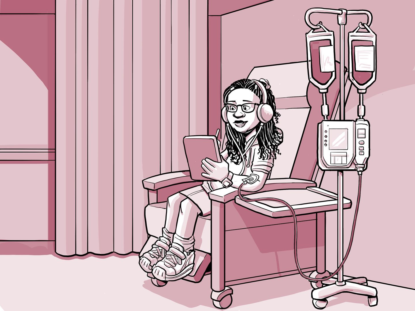 Nia sentada en una silla en el centro de infusión.