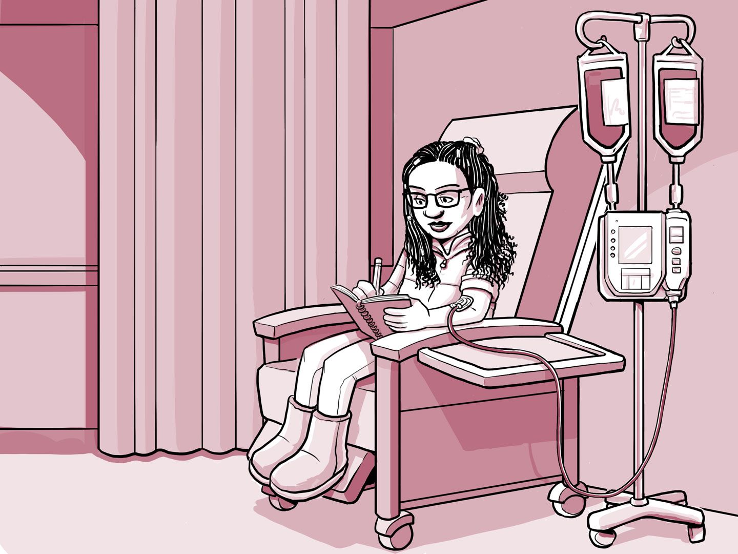 Nia sentada en una silla en el centro de infusión.