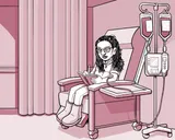 Nia sentada en una silla en el centro de infusión.