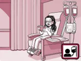 Nia sentada en una silla en el centro de infusión.