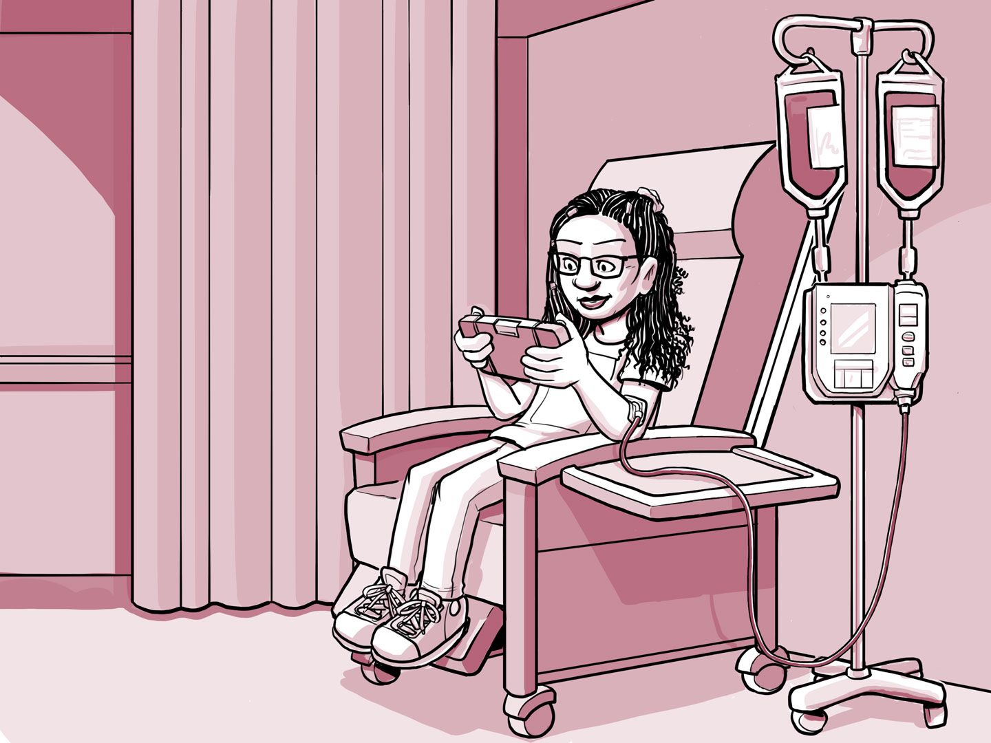 Nia sentada en una silla en el centro de infusión.