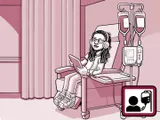 Nia sentada en una silla en el centro de infusión.