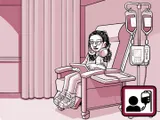 Nia sentada en una silla en el centro de infusión.