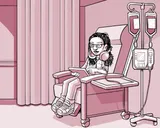 Nia sentada en una silla en el centro de infusión.