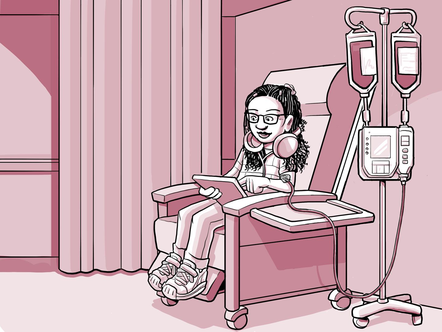 Nia sentada en una silla en el centro de infusión.