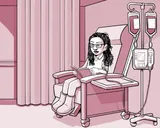 Nia sentada en una silla en el centro de infusión.