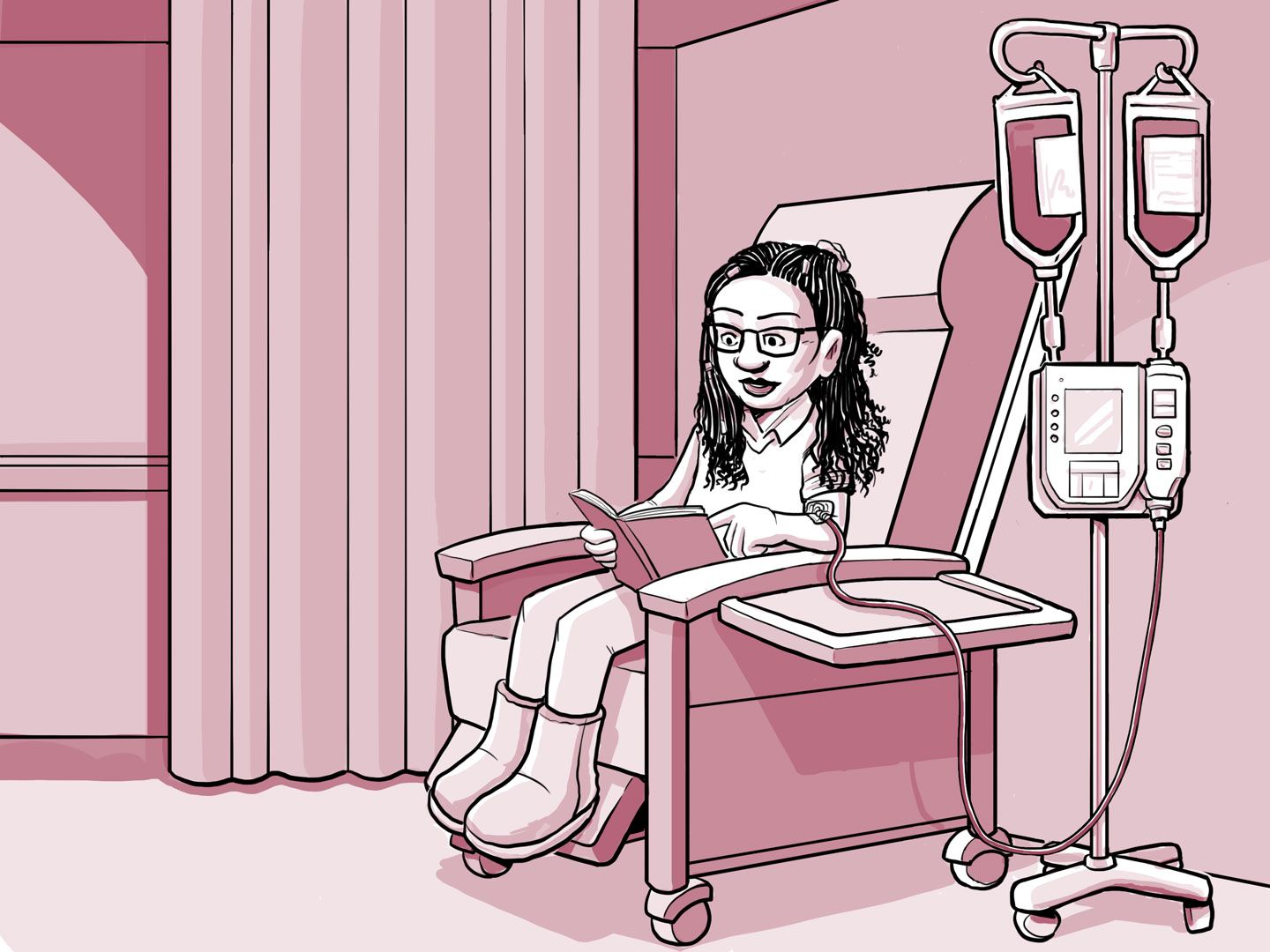 Nia sentada en una silla en el centro de infusión.