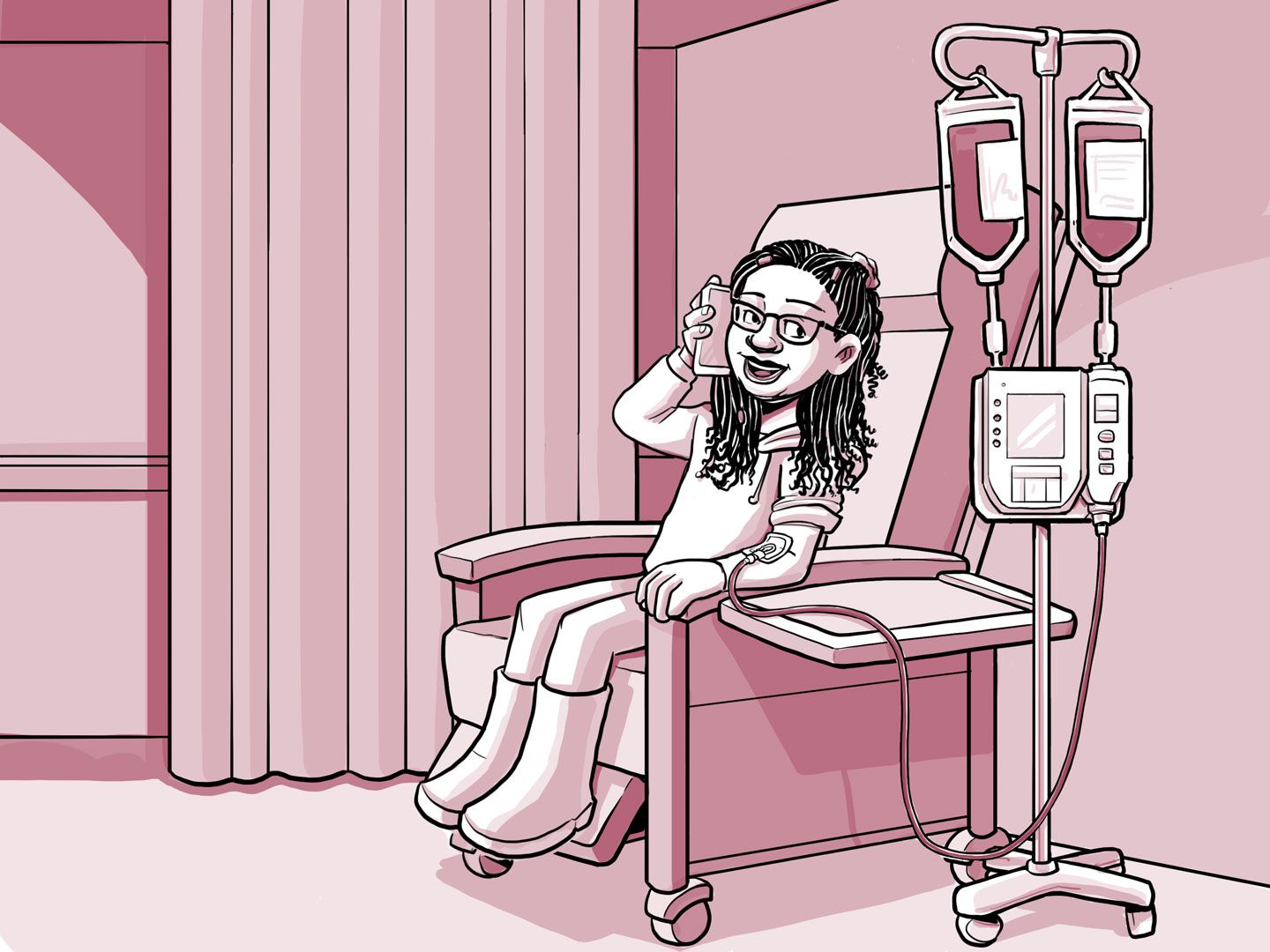 Nia sentada en una silla en el centro de infusión.