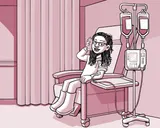 Nia sentada en una silla en el centro de infusión.