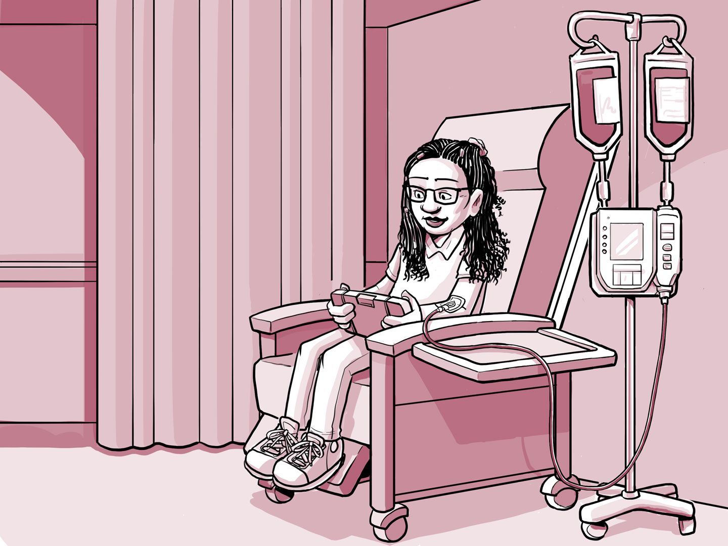 Nia sentada en una silla en el centro de infusión.