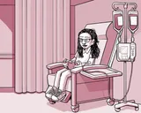 Nia sentada en una silla en el centro de infusión.