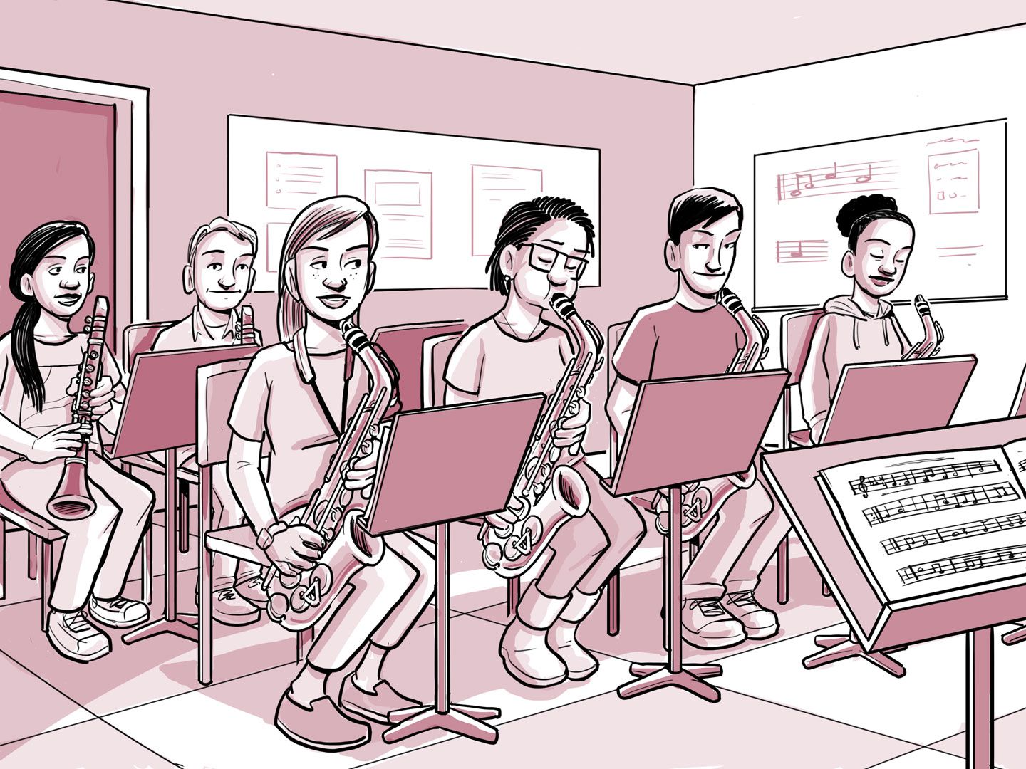 Nia toca el saxofón en una banda de jazz.