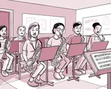 Nia toca el saxofón en una banda de jazz.