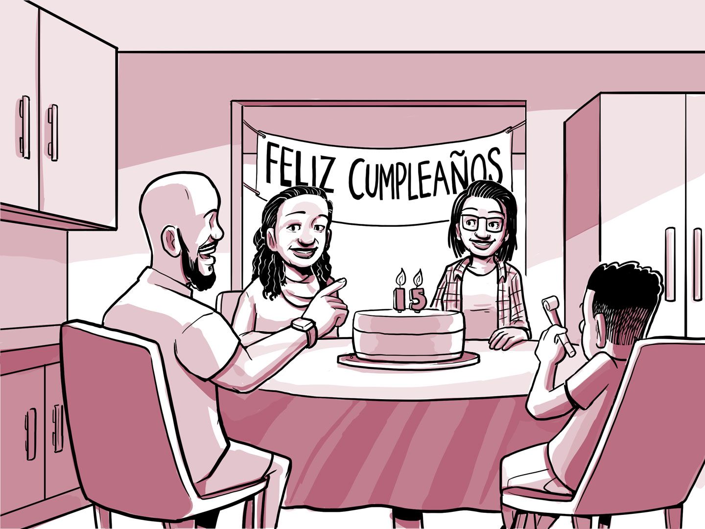 La familia de Nia celebra el cumpleaños número 15 de Nia.