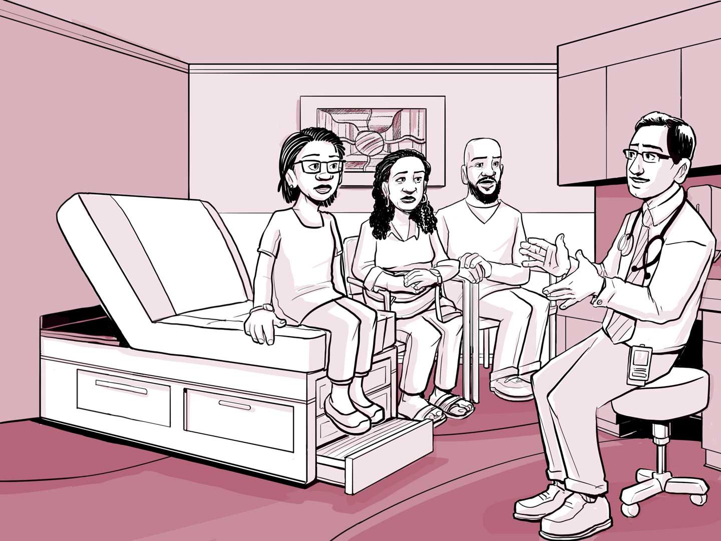 El médico de Nia hablando con la familia sobre los resultados de las pruebas.