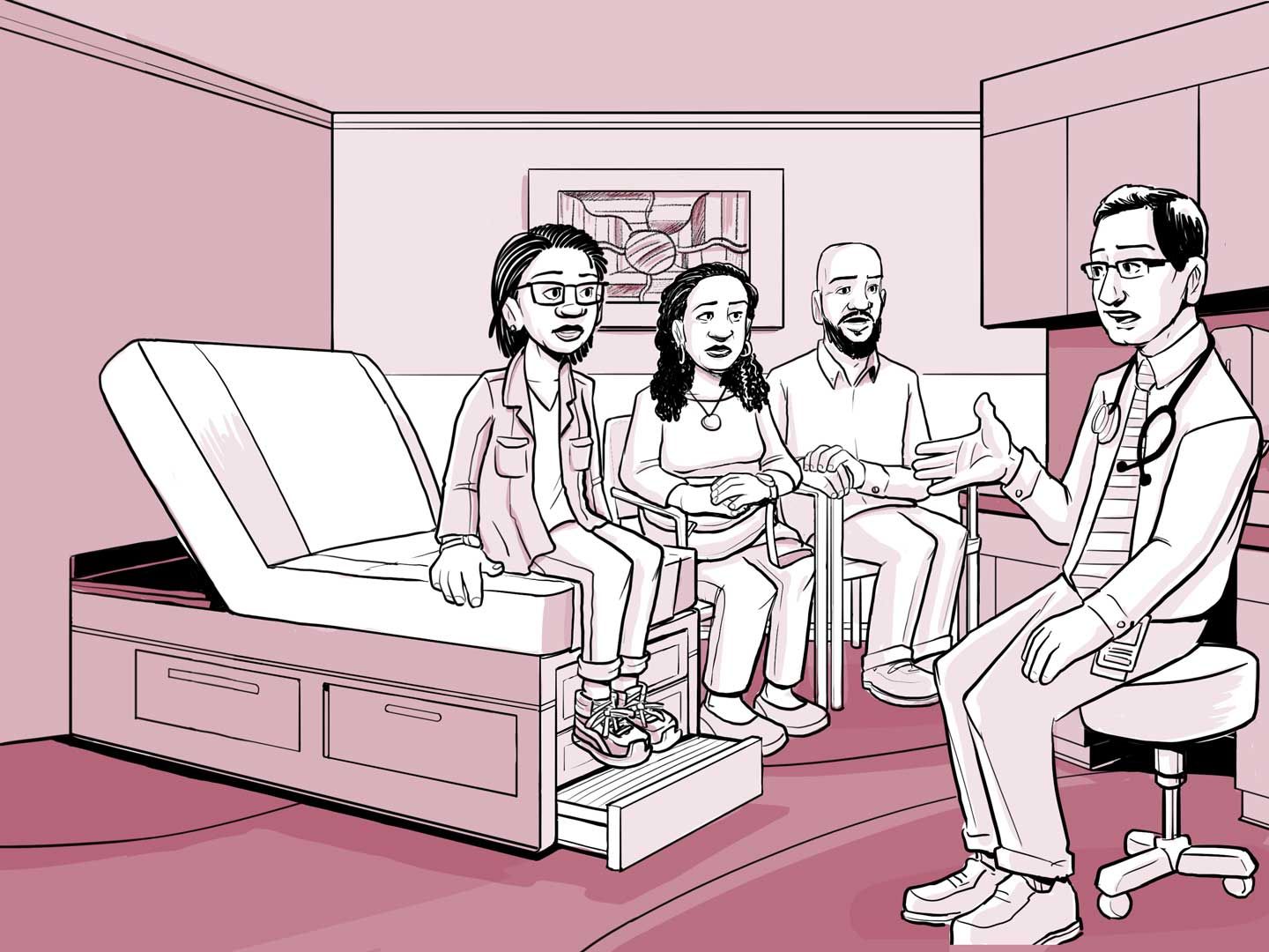 El médico de Nia hablando con la familia sobre los resultados de las pruebas.