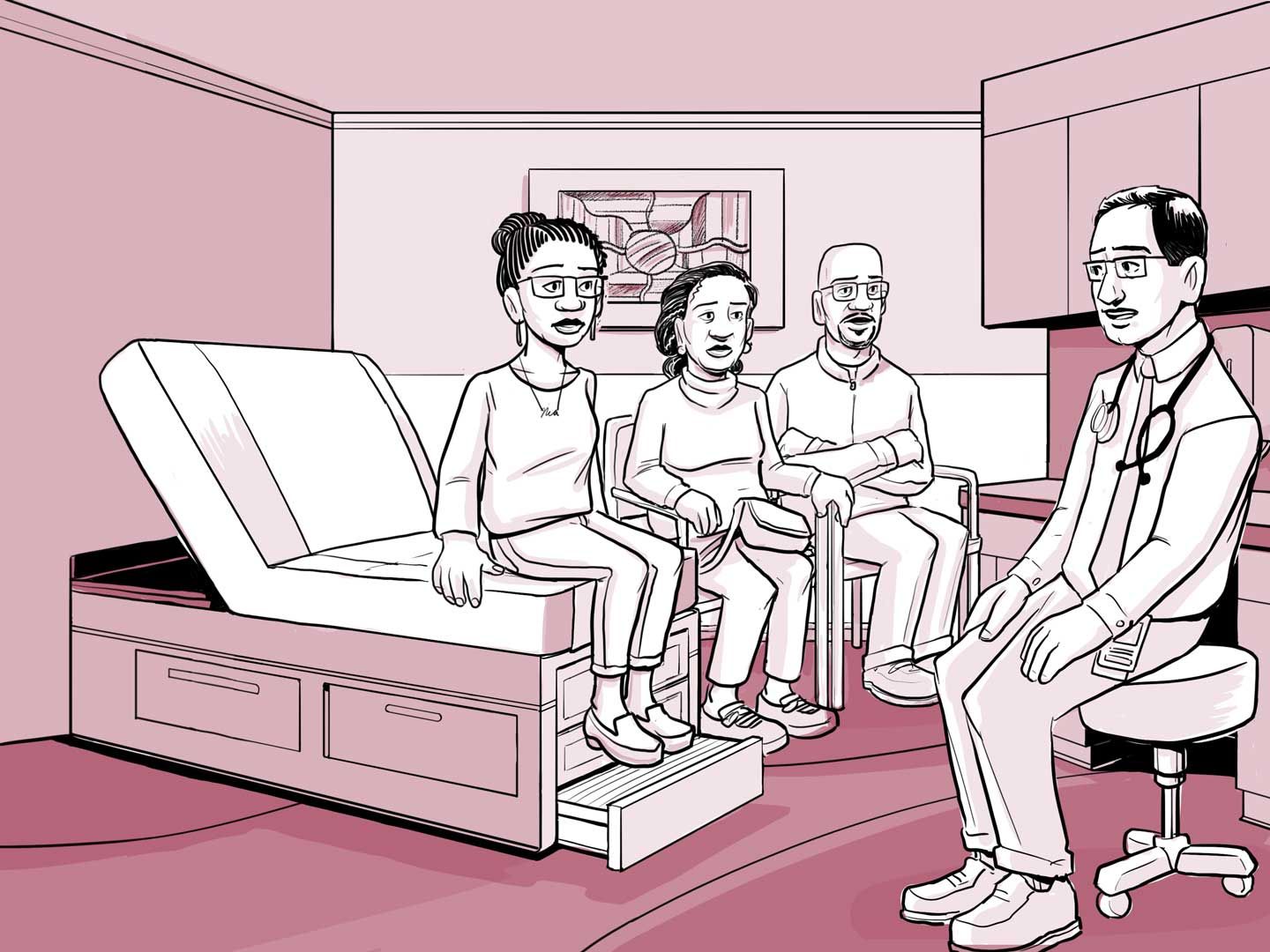 El médico de Nia hablando con la familia sobre los resultados de las pruebas.